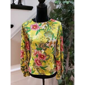 Loft Women's Green Floral 100% Polyester Round Neck Long Sleeve Top Blouse XS
